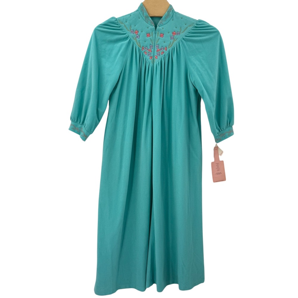 Vintage Vanity Fair Embroidered Maxi Robe 1/2 Zip‎ House Coat Duster Size Large